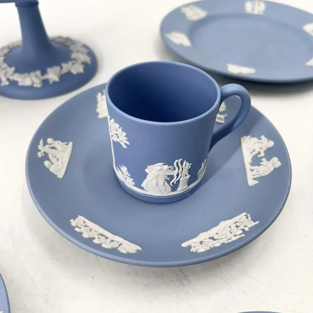 7 Pc Vintage Blue Wedgwood Jasperware Trinket Dishes Astray Plates Cup